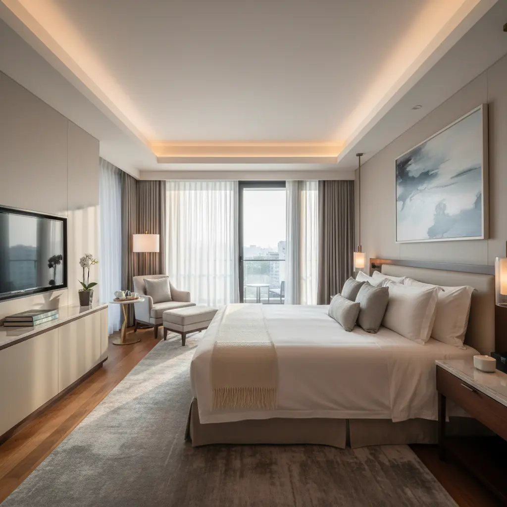 Luxury bedroom interior with soft lighting